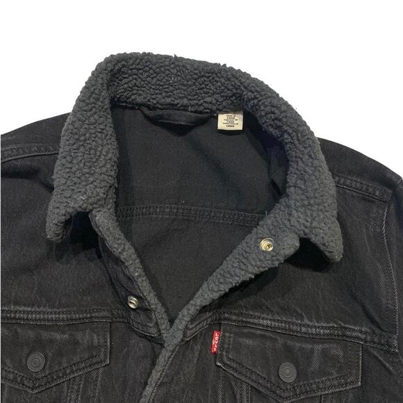 Levis Jeans Sherpa Collar Black Denim Rancher Coat Snap Button Western Jacket Sm - Picture 4 of 4